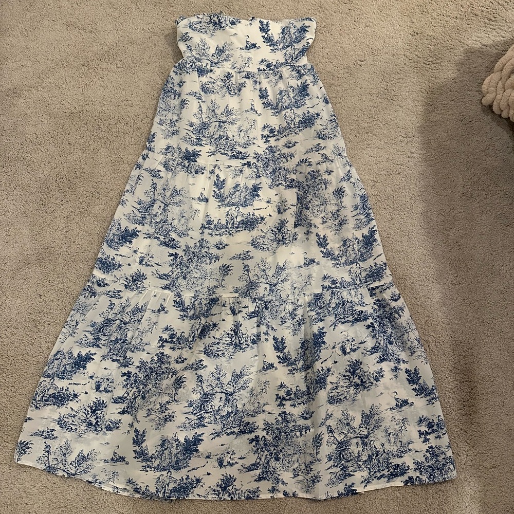 Blue and White Strapless Maxi Dress